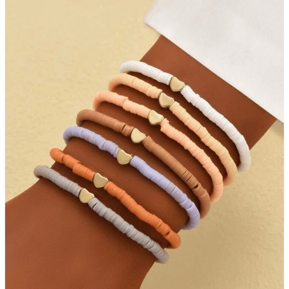 Handmade Polymer Clay Heishi Love Stretch Bracelets Set with Gold Plated Heart